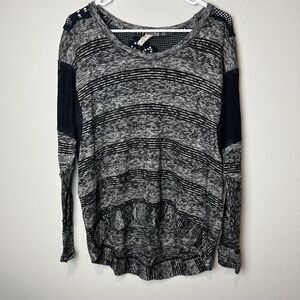We The Free Sweater Womens XS Gray Black Stripe Crochet Panel Knit Pullover